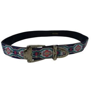 Nuovo Southwestern Pattern Belt Silver Tone Buckle Tribal Aztec Blue Pink Sz S